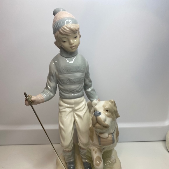 Nadal Spanish Porcelain Figure Boy Skiing With Dog 11.5 Inches Tall Good